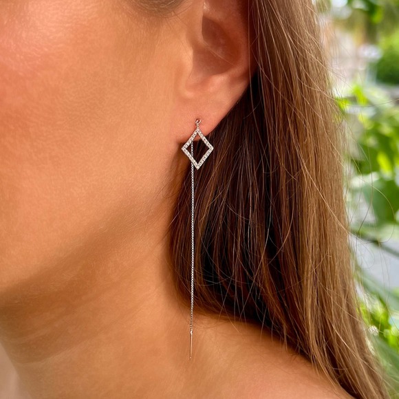 Diamond  threader earrings with CZ - Sterling silver 925 - Picture 1 of 2